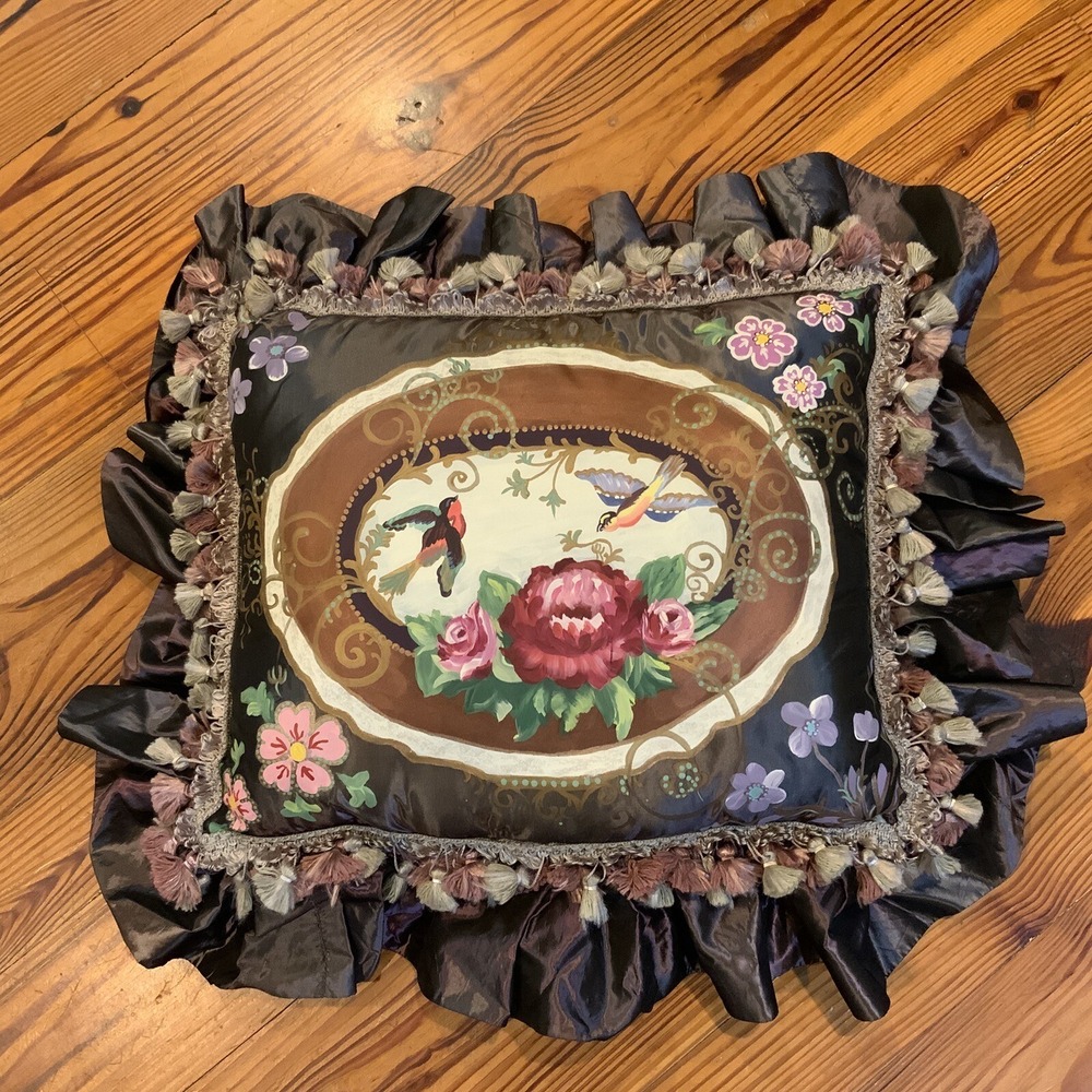 Ornate Throw Pillow Hand Painted Birds Flowers Roses Purple Tafeta Tassle Trim